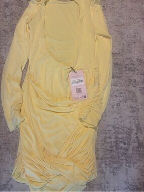 Oh Polly Pale Yellow Long Sleeve Ruched Midi Dress